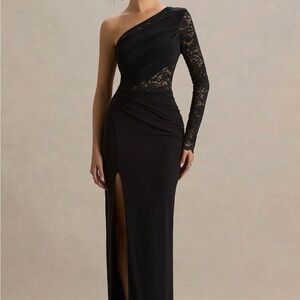 BLACK ASYMMETRIC-NECK MAXI DRESS WITH LACE DETAILING AND FRONT-HIGH SPLIT